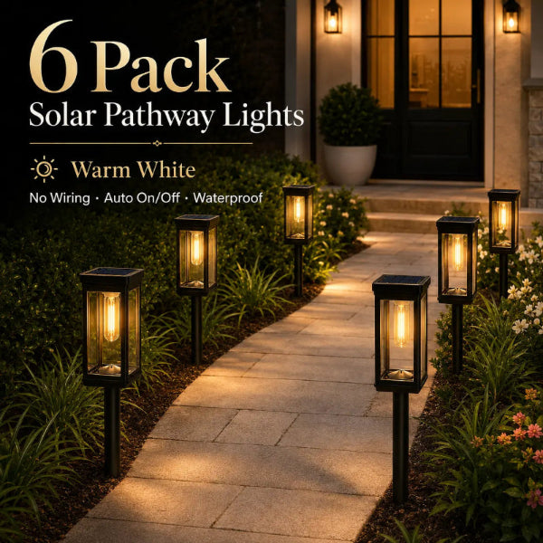 Illuminate Your Outdoors: 6 Pack of Stylish Solar Pathway Lights for a Warm and Inviting Glow